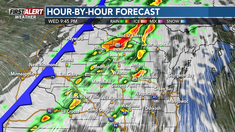 Storms are expected to pass through Wednesday night. A cold front passes through afterwards.