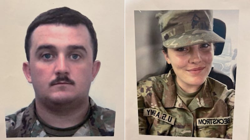 This photo combo shows, National Guard members, from left, Staff Sgt. Andrew Wolfe and...