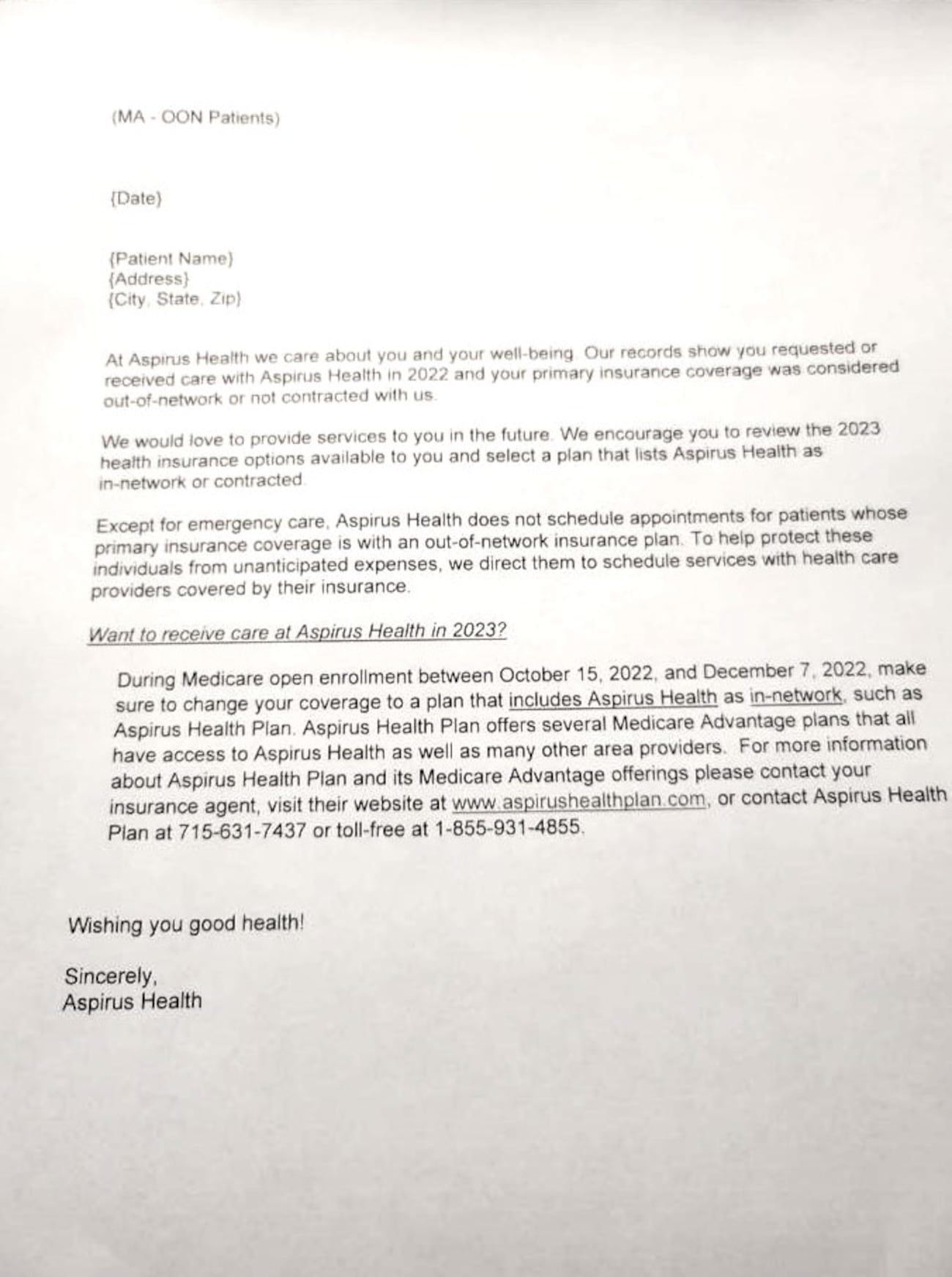 Medicare Letter Example 7 Investigates: Patients caught in confusion as Aspirus responds to ...