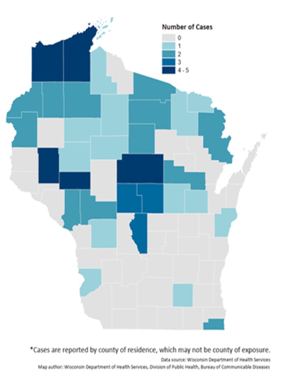 The number of Powassan virus cases in Wisconsin by county from 2003-2024.