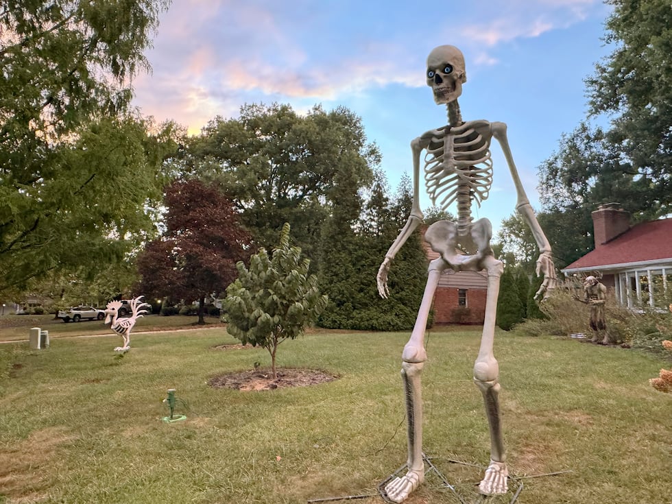FILE - A 12-foot Home Depot skeleton stands in the front yard of a Cincinnati home on Sept....