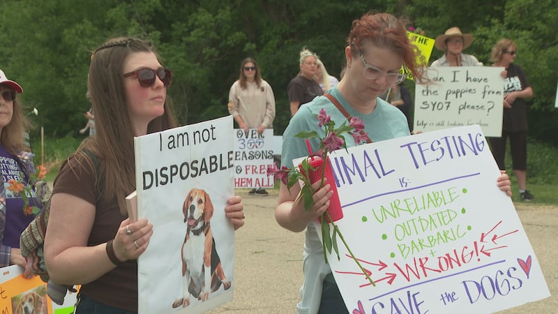 People hold signs at Ridglan Farms protest
