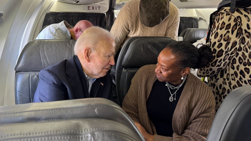 President Joe Biden is seen on a plane before takeoff traveling from Washington to South...