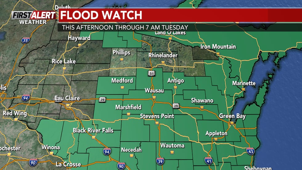 The Flood Watch for Monday night through Tuesday has been expanded.