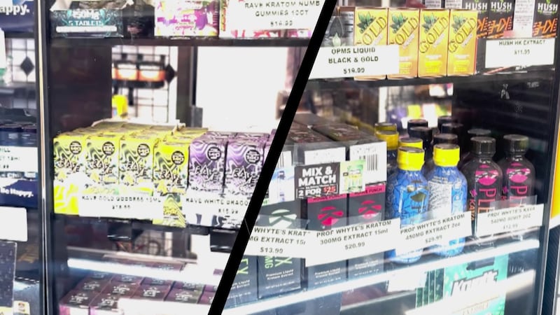 Kratom drinks are stacked on store shelves and offer quick relief in colorful packaging or...