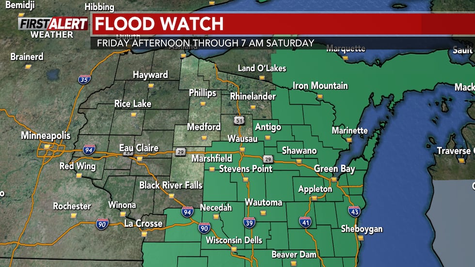 Flood Watch has been issued in advance of storms on Friday evening.