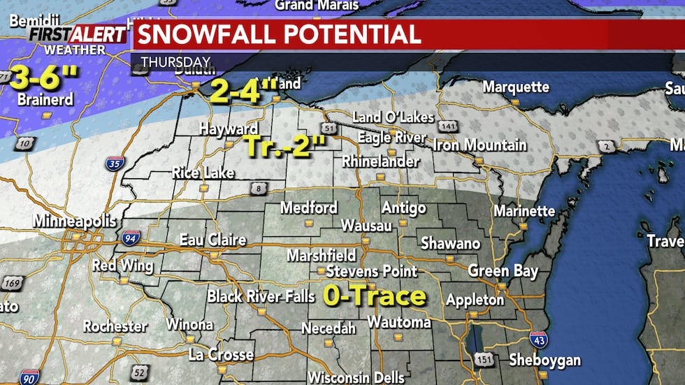 Totales de nevadas para el jueves.