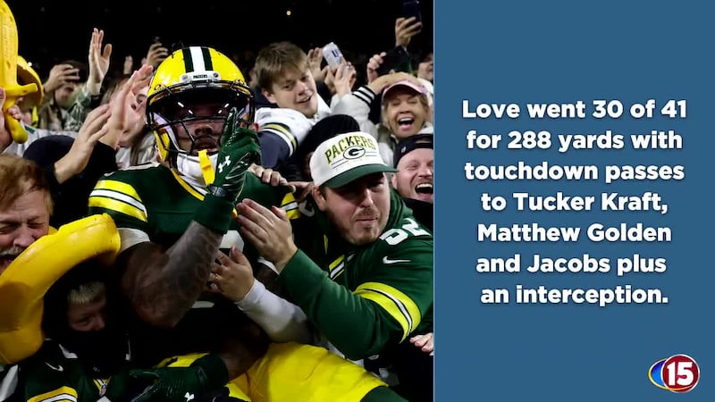 Jordan Love threw three touchdown passes, Josh Jacobs scored twice and the Green Bay Packers...